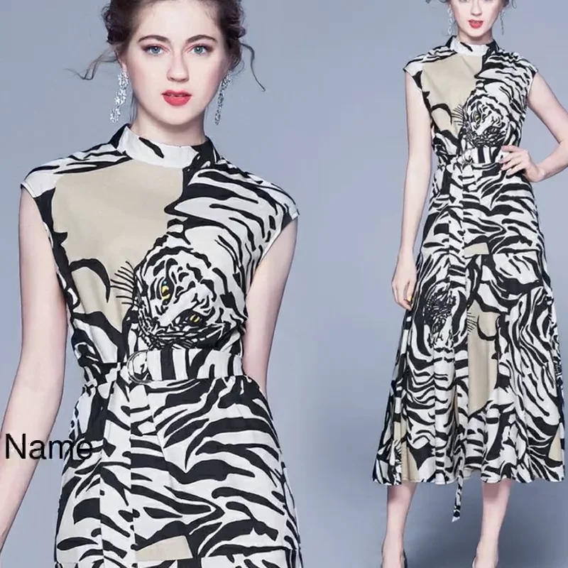 In Stock Western Style New Design Tiger Stripes Print Stand Neck Sleeveless Wholesale Clothes Ladies Fashion Long Summer Dresses