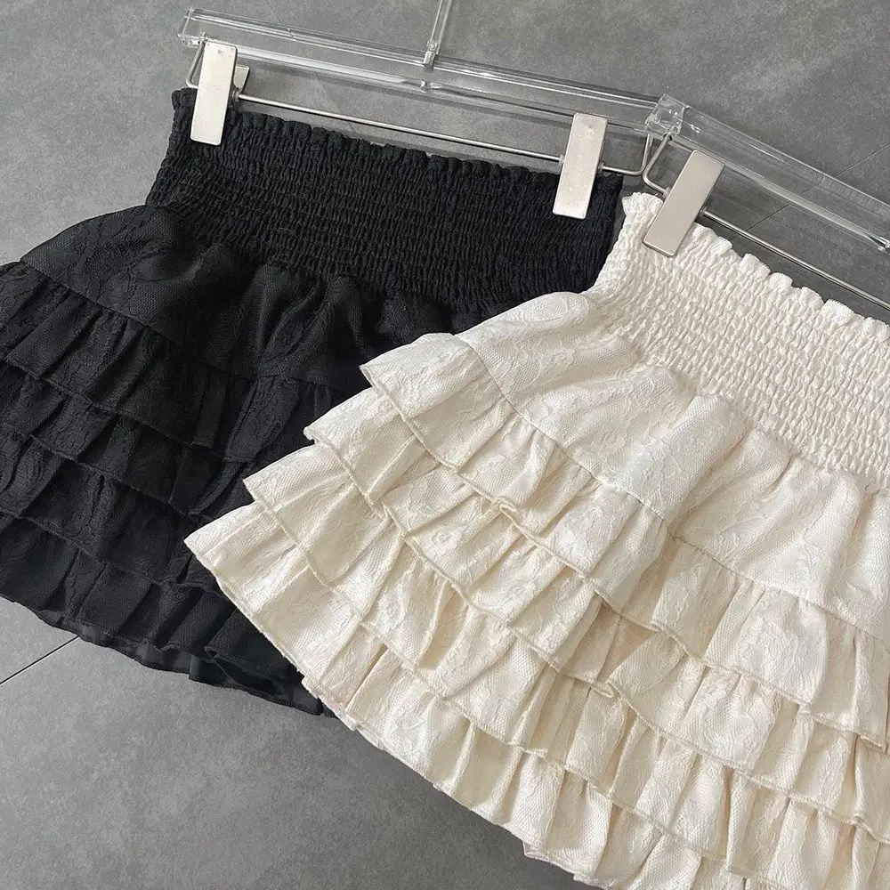ecowalson  Streetwear Y2k Ruffles Mini Sweet Kawaii High Waist Lace A Line Skirt Summer Korean Fashion Black Ball Gown Skirts