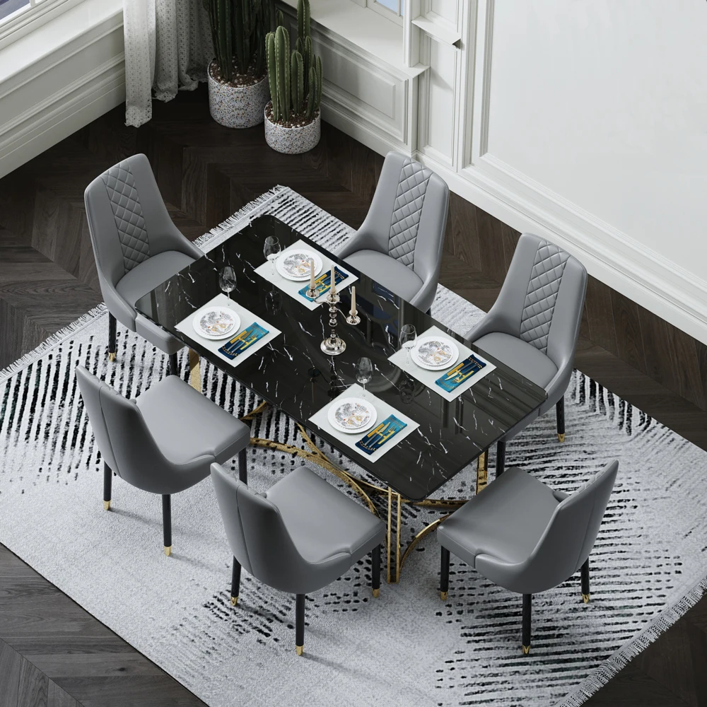 Luxury Modern Designer Large Black Square Marble Top Dining Table 6 Seater 8 Chairs Kitchen Dining Room Table Set Furniture