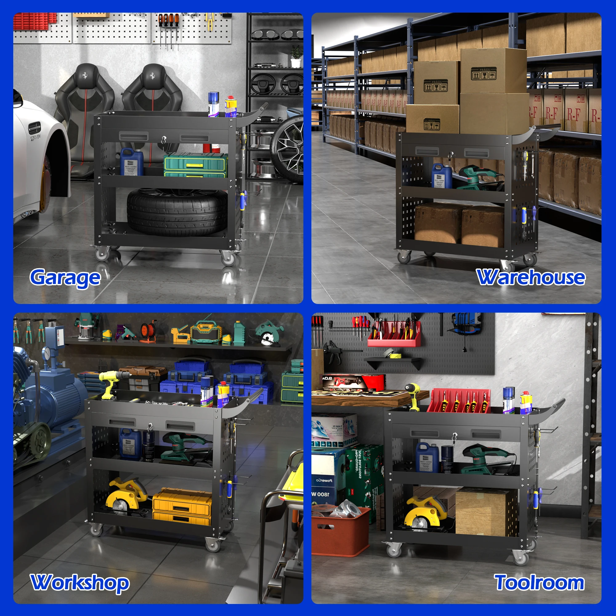 Utility Metal Cart Rolling 3 Tier Rolling Cart with Wheels Garage Storage Workshop Trolley Heavy Duty Tool Cabinet