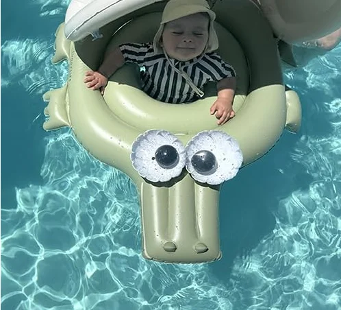 Green crocodile baby swimming trainer circle with sunshade, cute swimming circle for babies in summer party