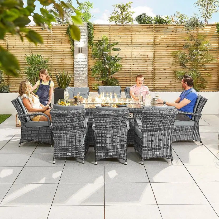 Luxurious Outdoor Garden Patio Fire pit furniture Rattan 8 Seat Dining Set with 2m x 1m Rectangular Firepit Table