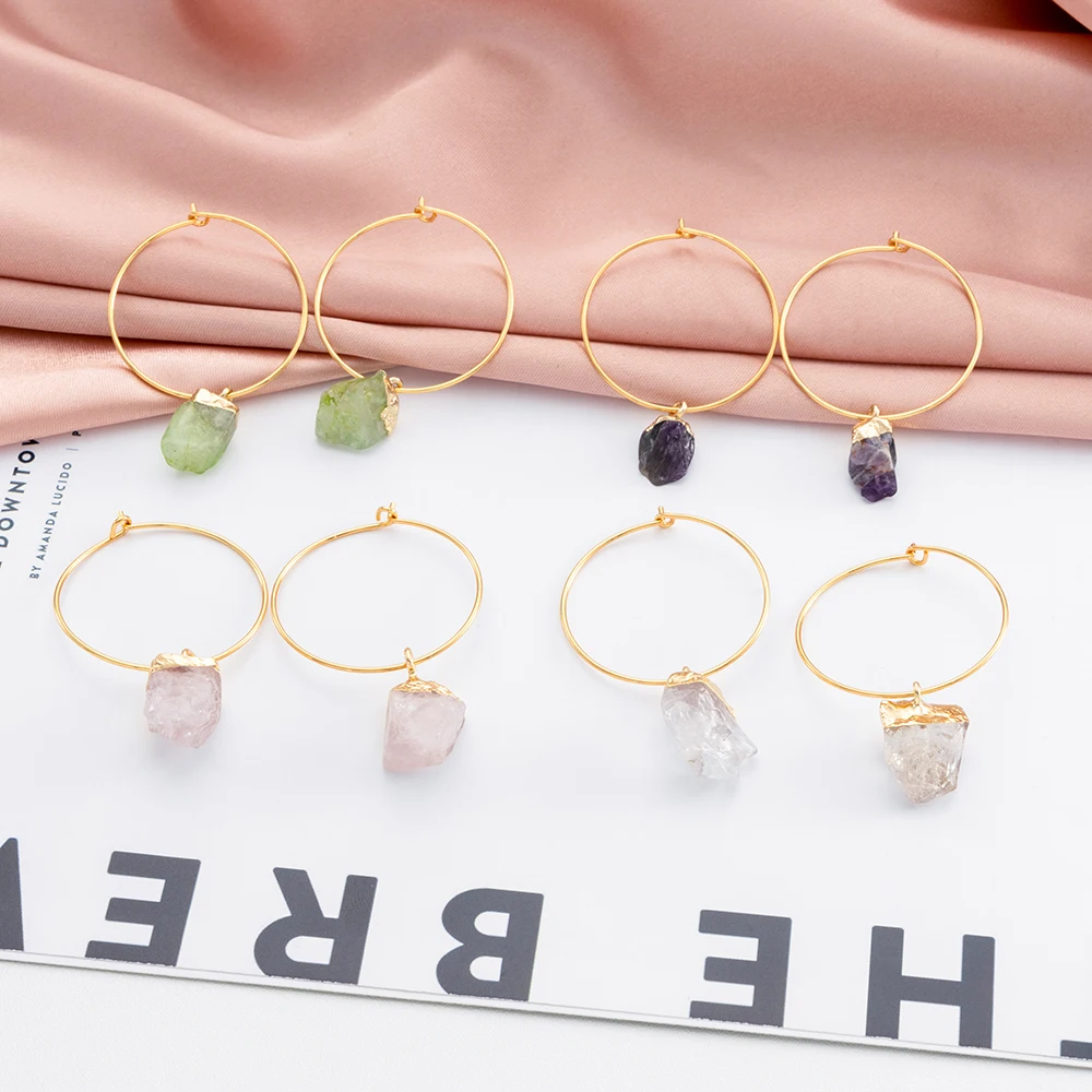 jewelry Amethyst quartz rose quartz Raw Hoop Earrings Genuine Rough Gemstone chips Crystal Healing earrings