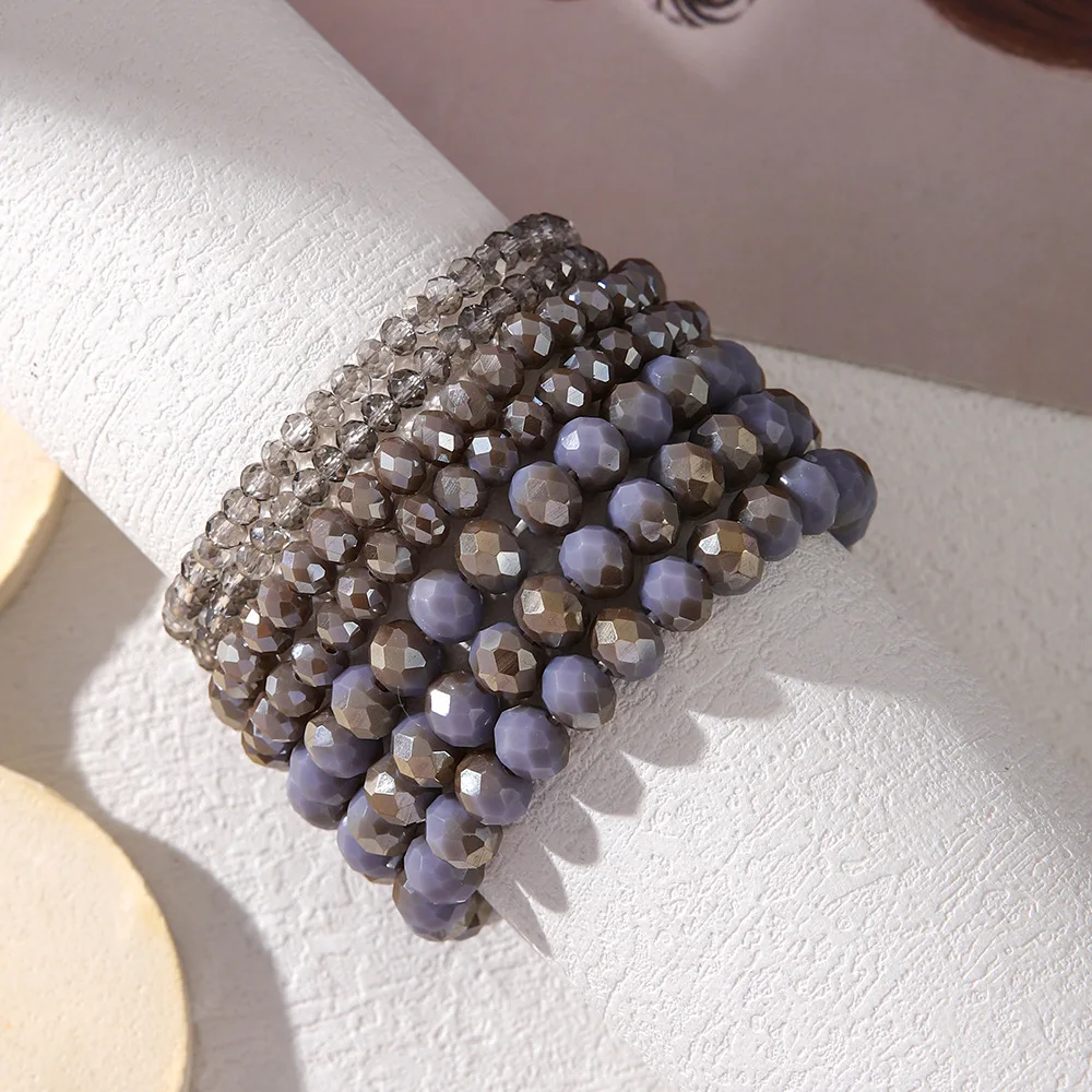 7pieces Per Set Different Size Crystal Beads Faceted Glass Beaded Same Color tone Stretch Bracelets Set