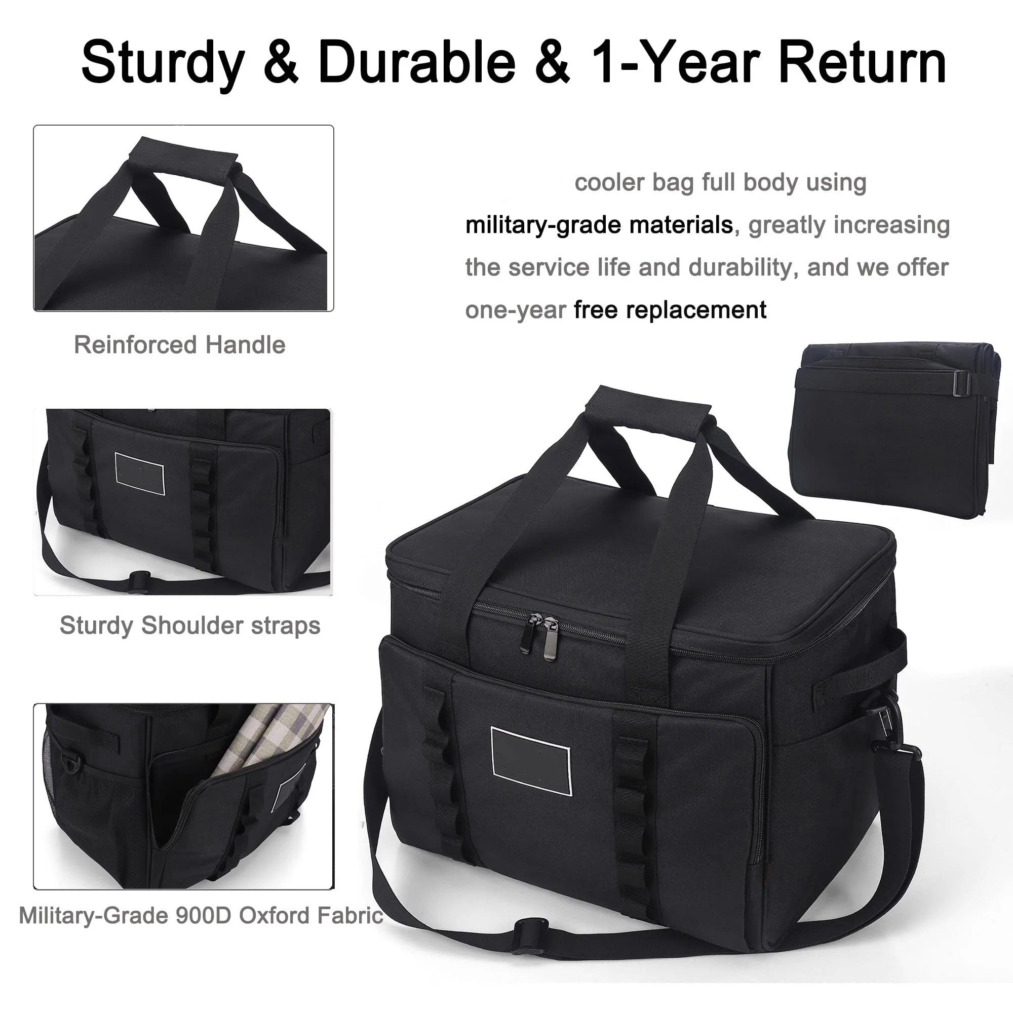 Custom Black Zipper Large Capacity Cooler Insulated Lunch Box Bag with Shoulder Strap For Women Men Adult