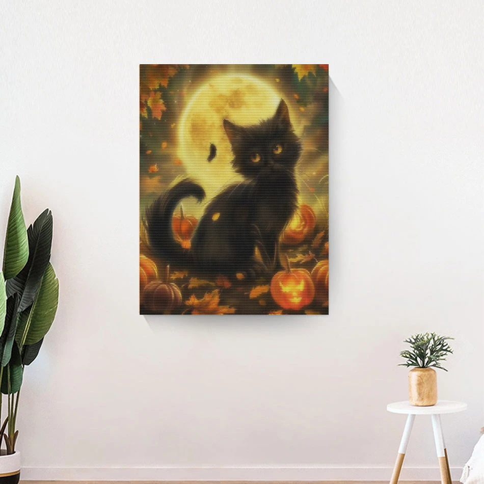 CHENISTORY Halloween Full Round Diamond Embroidery Animal Cat Diamond Painting Rhinestone Pictures Mosaic Decor For Home