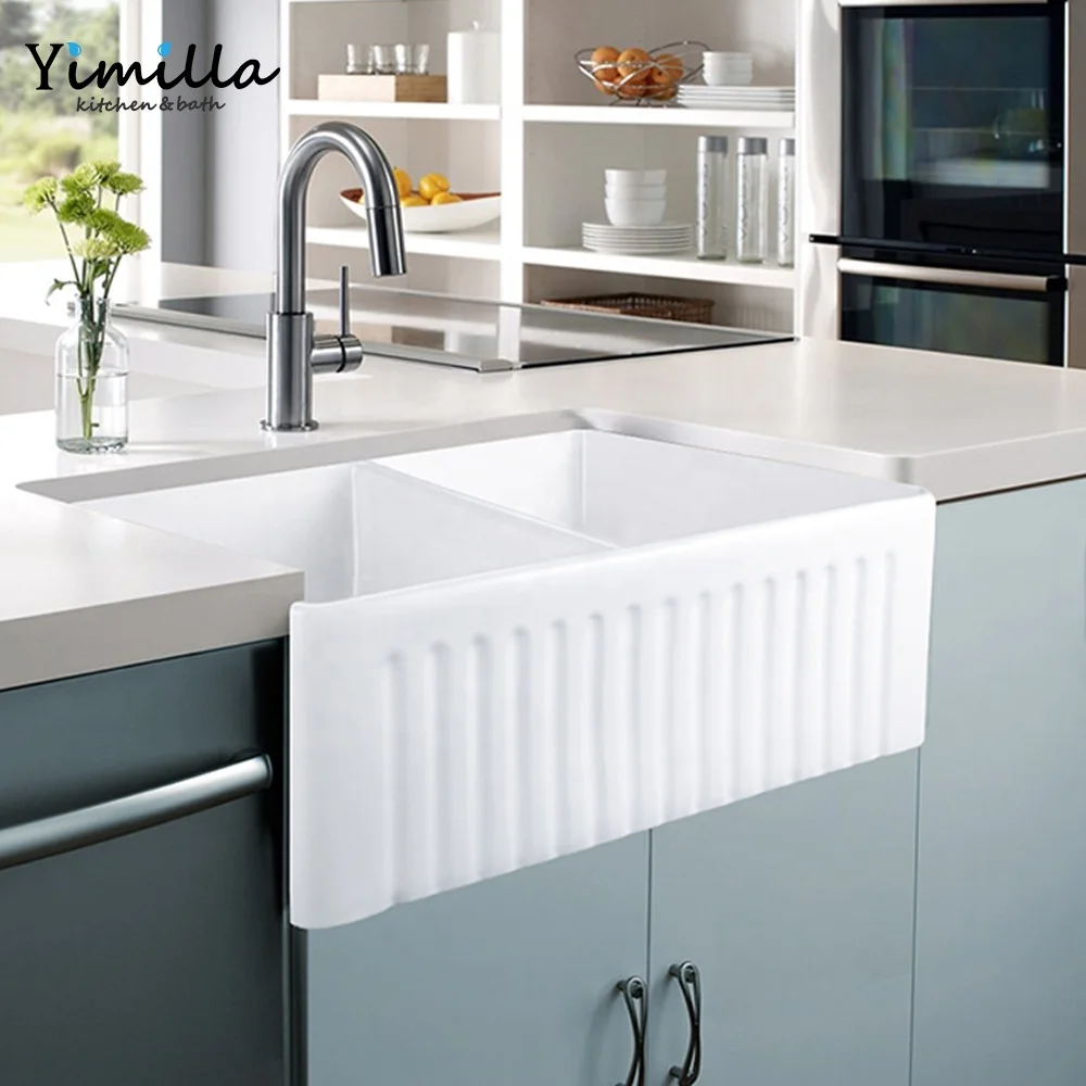 American kitchen apron semi-embedded ceramic sink modern double blow 33' inches CUPC farmhouse ceramic kitchen sink with tray