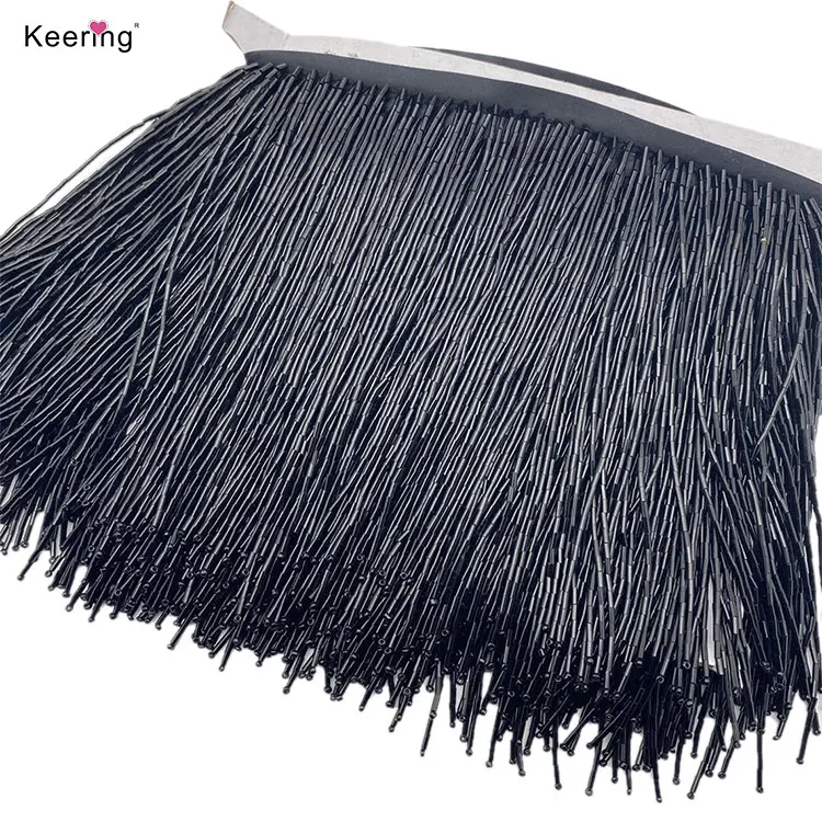 Small MOQ Keering 15cm Gold Glass Beaded Ribbon Fringe Trimmings With Tassels