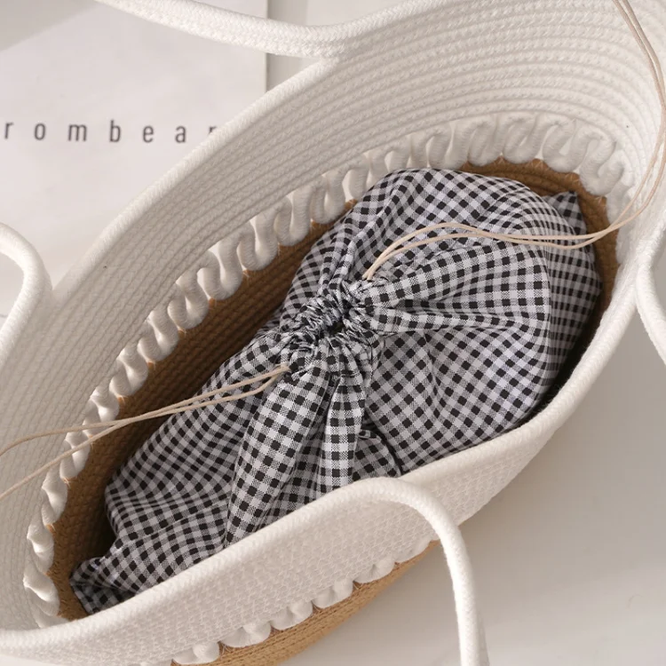 Wholesale reusable woven grocery bags Summer beach bag large canvas tote bag with ribbon