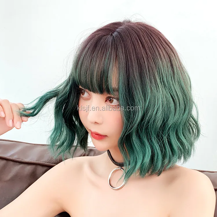 
Short Wigs with Bangs Ombre Gray to Green Wavy Curly Shoulder Length Synthetic Wig 