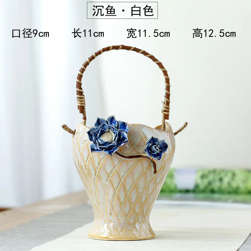 Flower Basket Rattan Hand-held Succulent Flowerpot Ceramic Green Plant Pot Indoor Decor Planter Container Pottery Basin