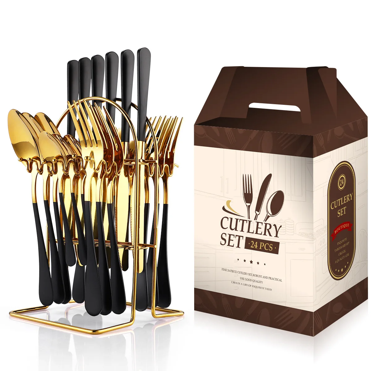 Набор висячих ножей и ложек из нержавеющей стали Amazon, набор из 24 золотых столовых приборов с подставкой
