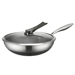 Hot sale stainless steel wok pan non-stick frying pan honeycomb coating woks with visible glass handle