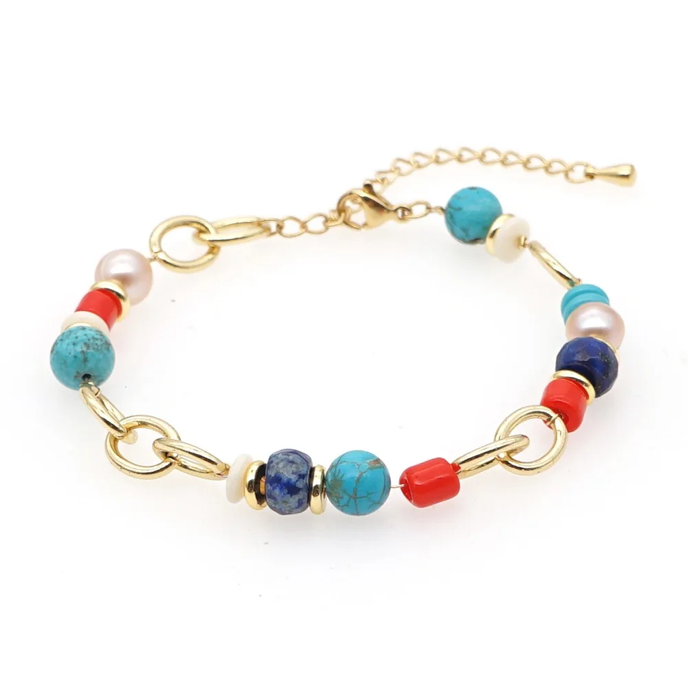 Original Design Handmade Ethnic Style Colored Stone Jewelry Simple Mori Baroque Natural Freshwater Pearl Bracelet