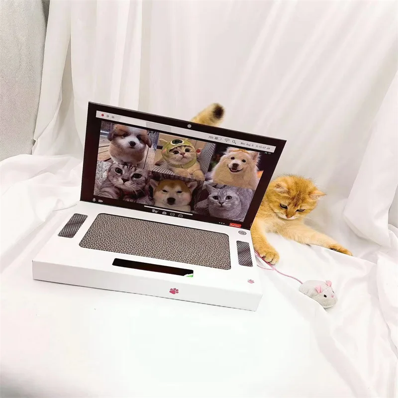 Wholesale Foldable Corrugated Cardboard Cat Scratcher Pad Laptop Scratcher Cat Toy With Plush Mouse Cat Teaser and Ball