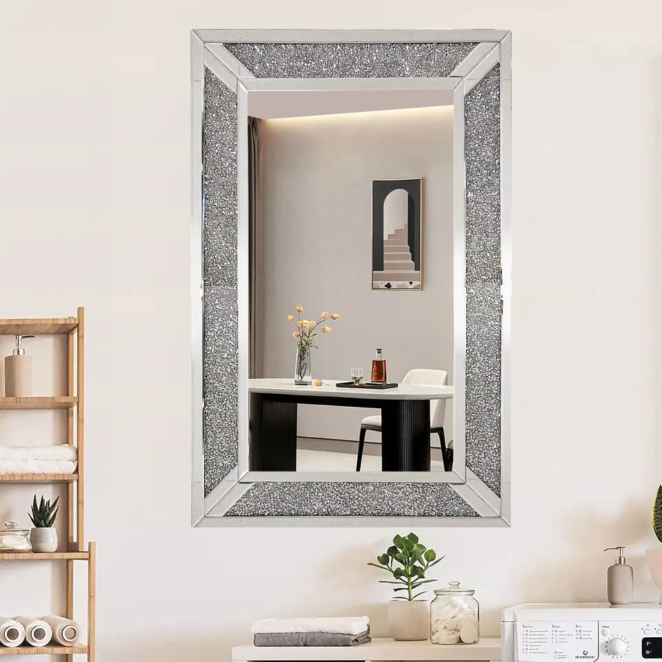wholesale luxury large silver decorative living room crushed diamond big hanging wall mounted mirror miroir espejo spiegel