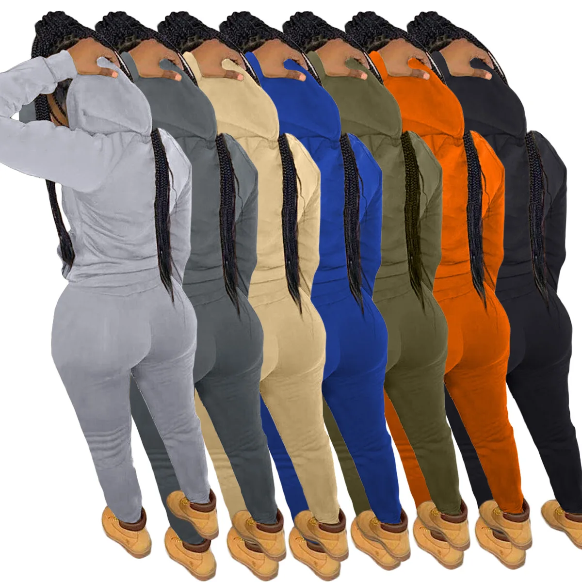 Nice Quality Hooded Ribbed Knit Two Piece Pants Sets Pockets Winter Outfits For Women Wholesale Sweat Suits Apparel Set