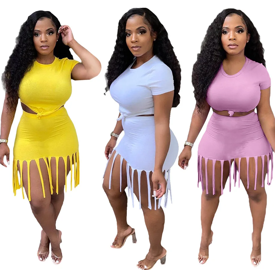 European and American fashion leisure lovely sports solid color tassel skirt two piece set oversized two piece suit