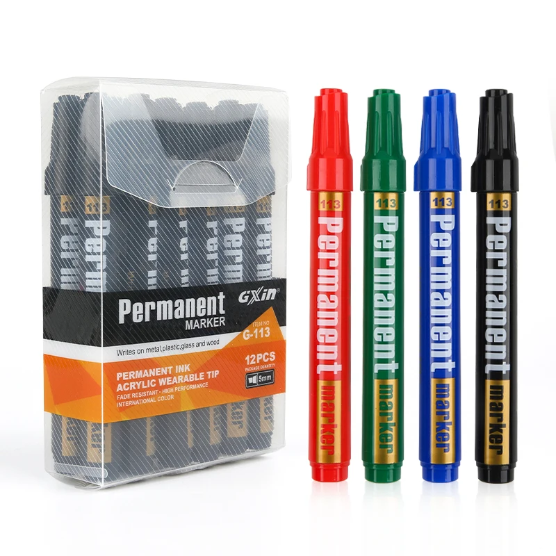 GXIN G-113  rotuladores 12pcs/set black/blue/red/green factory permanent waterproof marker pen non toxic permanent marker