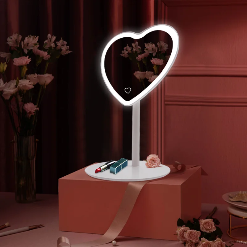 Wholesale Custom Logo Heart Shaped Pink Mirror Detachable Charging Beauty Led Travel Makeup Vanity Mirror With Light