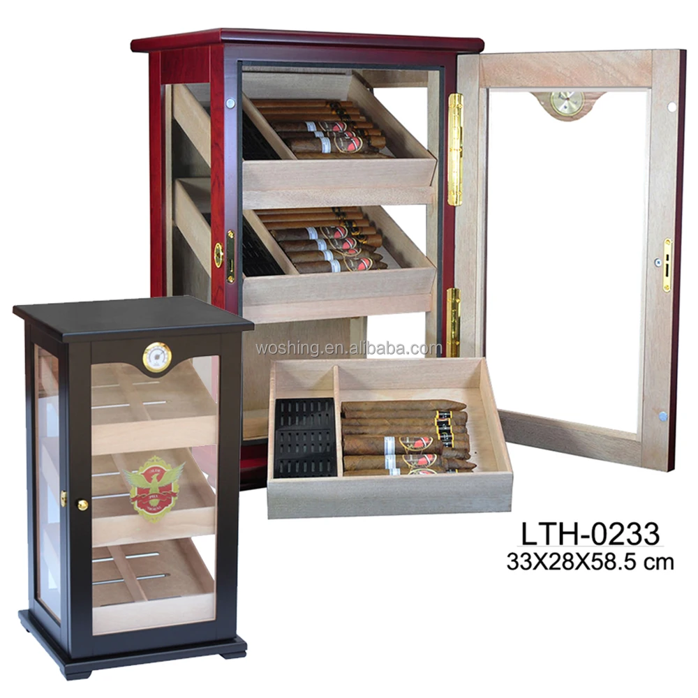 Woshing Customized wooden glass door cigar cabinets raching humidifier hygrometer cigars display humidor cigar cabinet