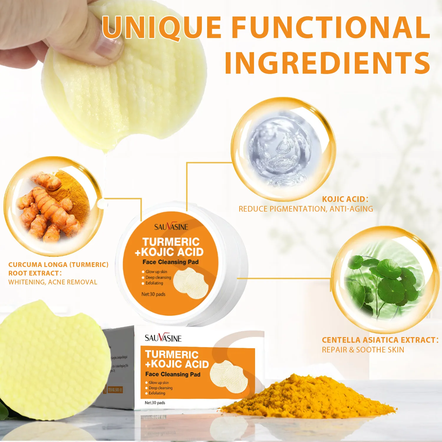 Customized Own Brand Facial Cleansing Exfoliation Whitening Turmeric Kojic Acid Cleansing Cotton 30 Tablets