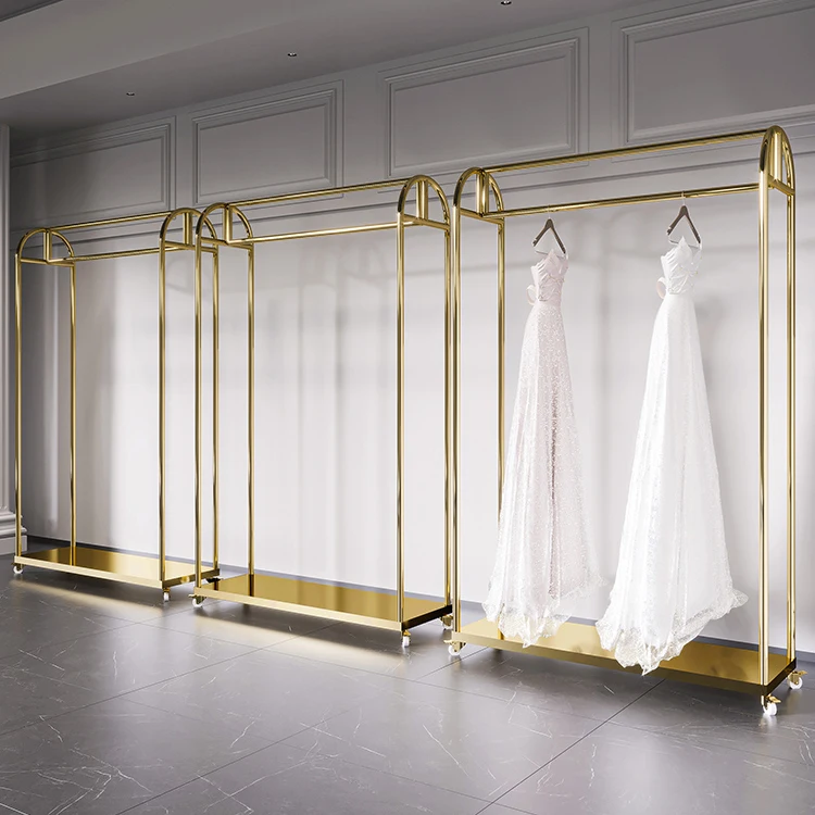 Custom Garment Woman Dress Clothes Shop Display Stand Stainless Steel Shiny Gold CLothing Display Rack for Wedding Dresses Store