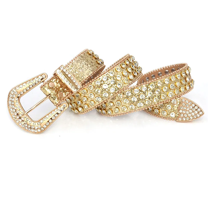 Luxury Crystal Rhinestone Belts Men Women Unisex Diamond Studded Western Sparkle Designer Leather Belt