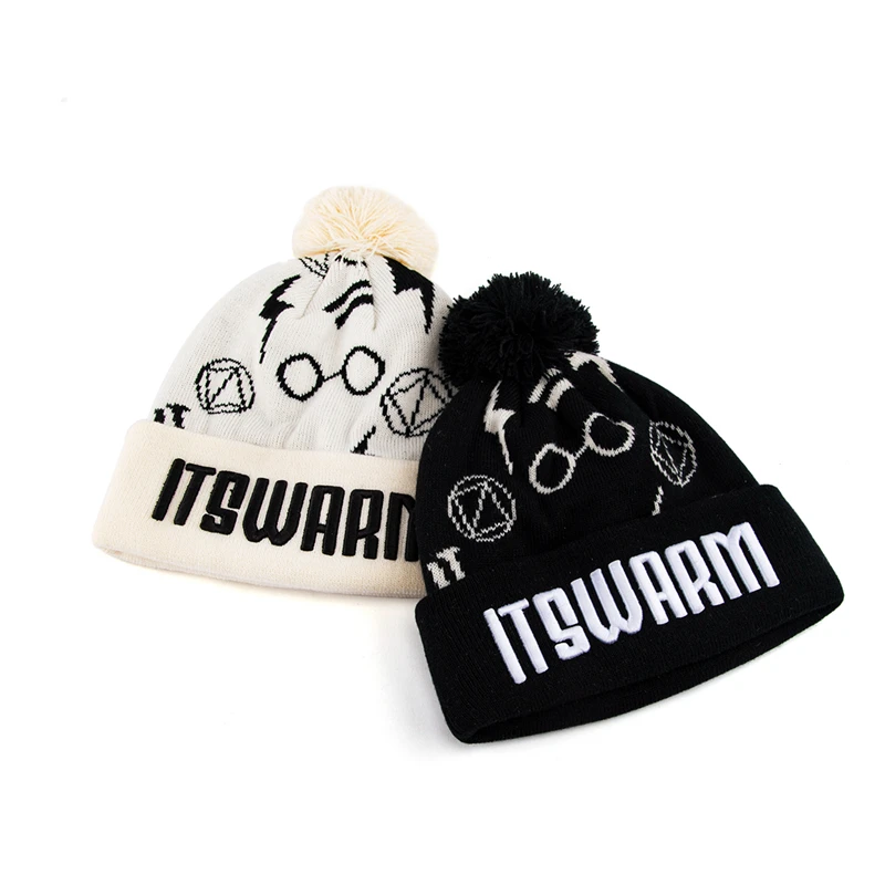 Manufacture jacquard embroidery logo acrylic pom pom beanie hats unisex knit winter beanie hat with custom logo