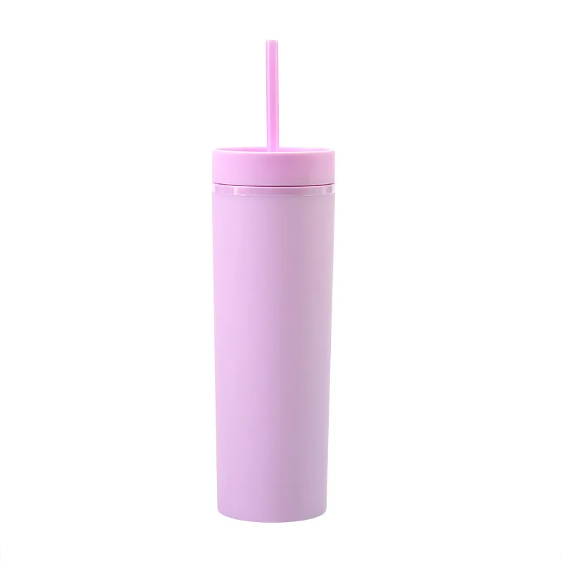 Wholesale double wall water tumbler 16oz plastic acrylic matte skinny tumbler cups in bulk with lid and straw