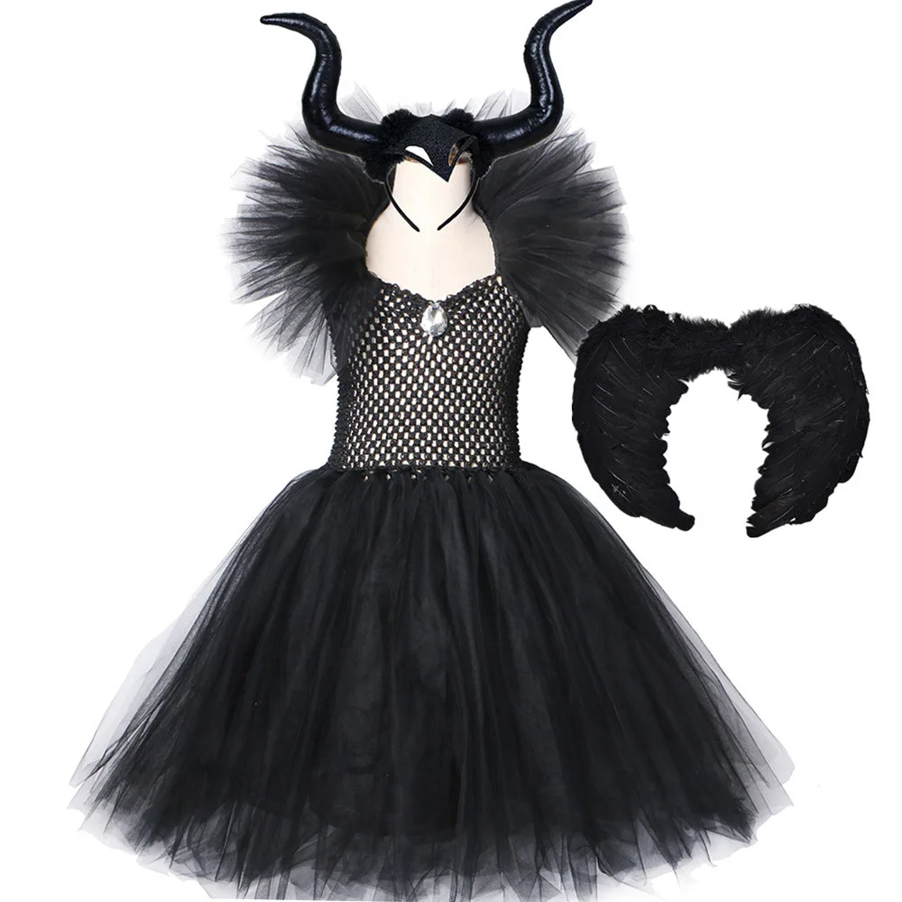 Kids Black Devil Tutu Costume Halloween Girls Fancy Tutu Dress with Feather Shawl Gown Dress