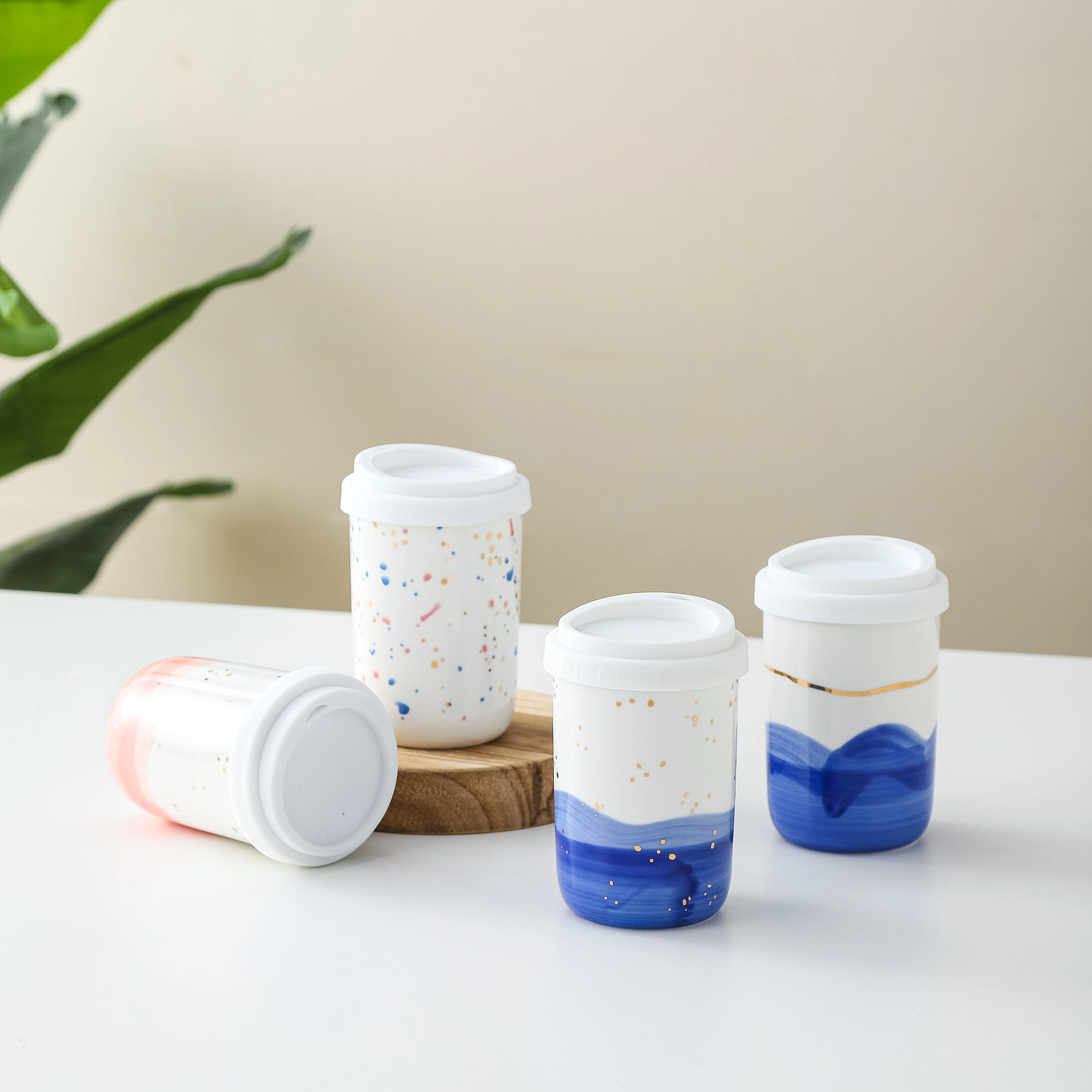 Wholesale Custom New design personalized unique no handle ceramic travel mug with silicone lid