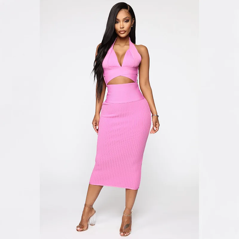 
D8689#Summer Sexy Hanging Bandage with Backless Vest and Neck Two-piece set for women 