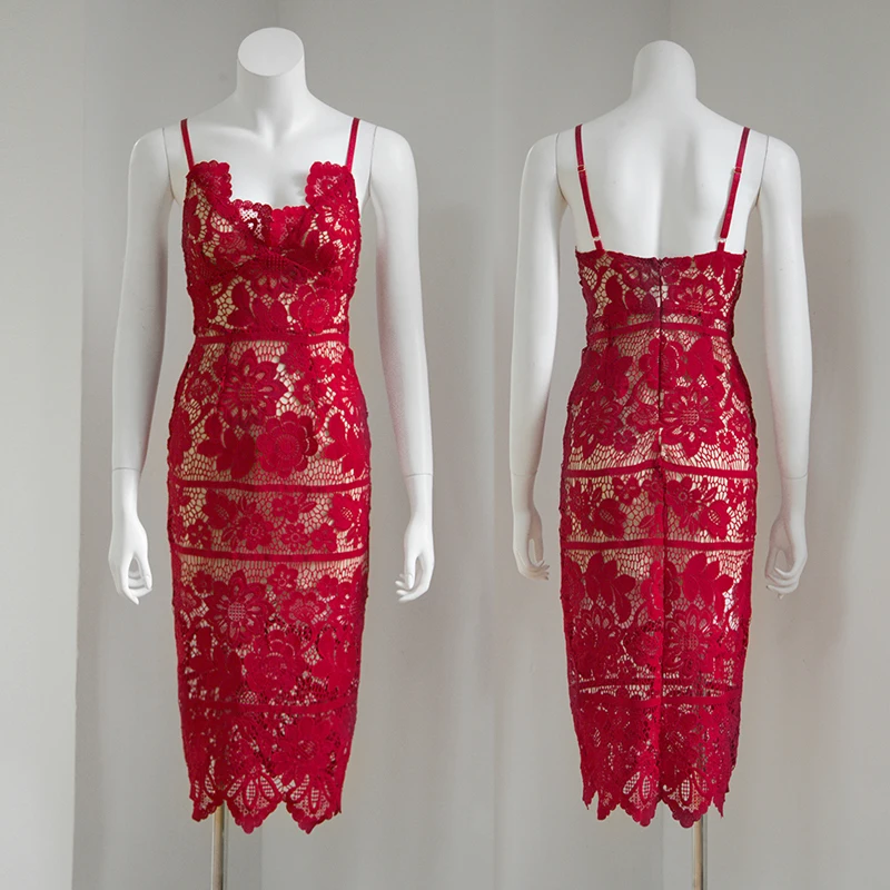 
Europe and America Style Casual Falbala Strap Detail Lace mesh Haltrneck Wrap Bodycon Midi Crochet red summer beach Dress 