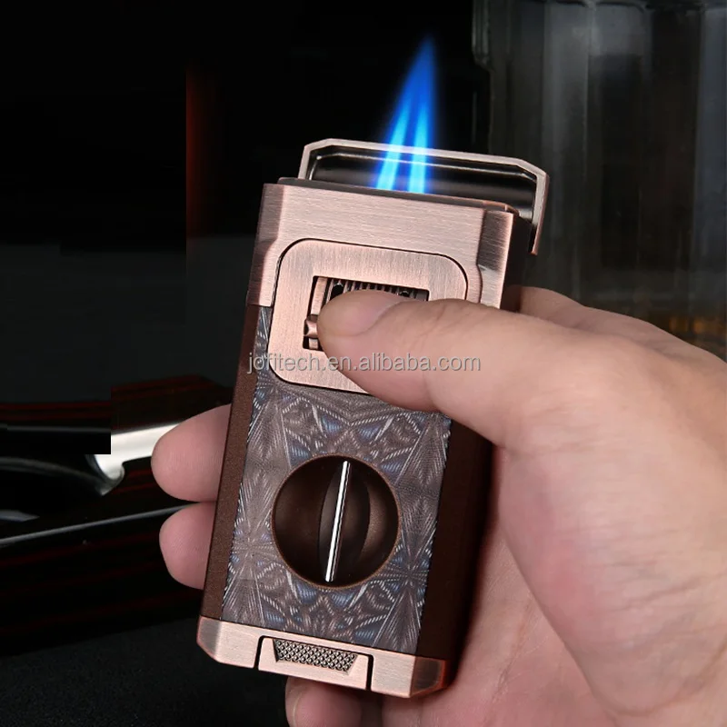 Luxury 3 in 1 Double Jet Flame Custom logo Lighter Cigar Wholesale Torch Butane Cigar Lighter and Cutter Cigar Holder