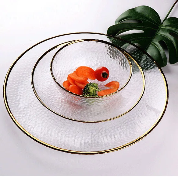 Samlife Wholesale 2023 13inches Wedding Gold Rimmed Hammered Glass Under Plate Glass Plates for event
