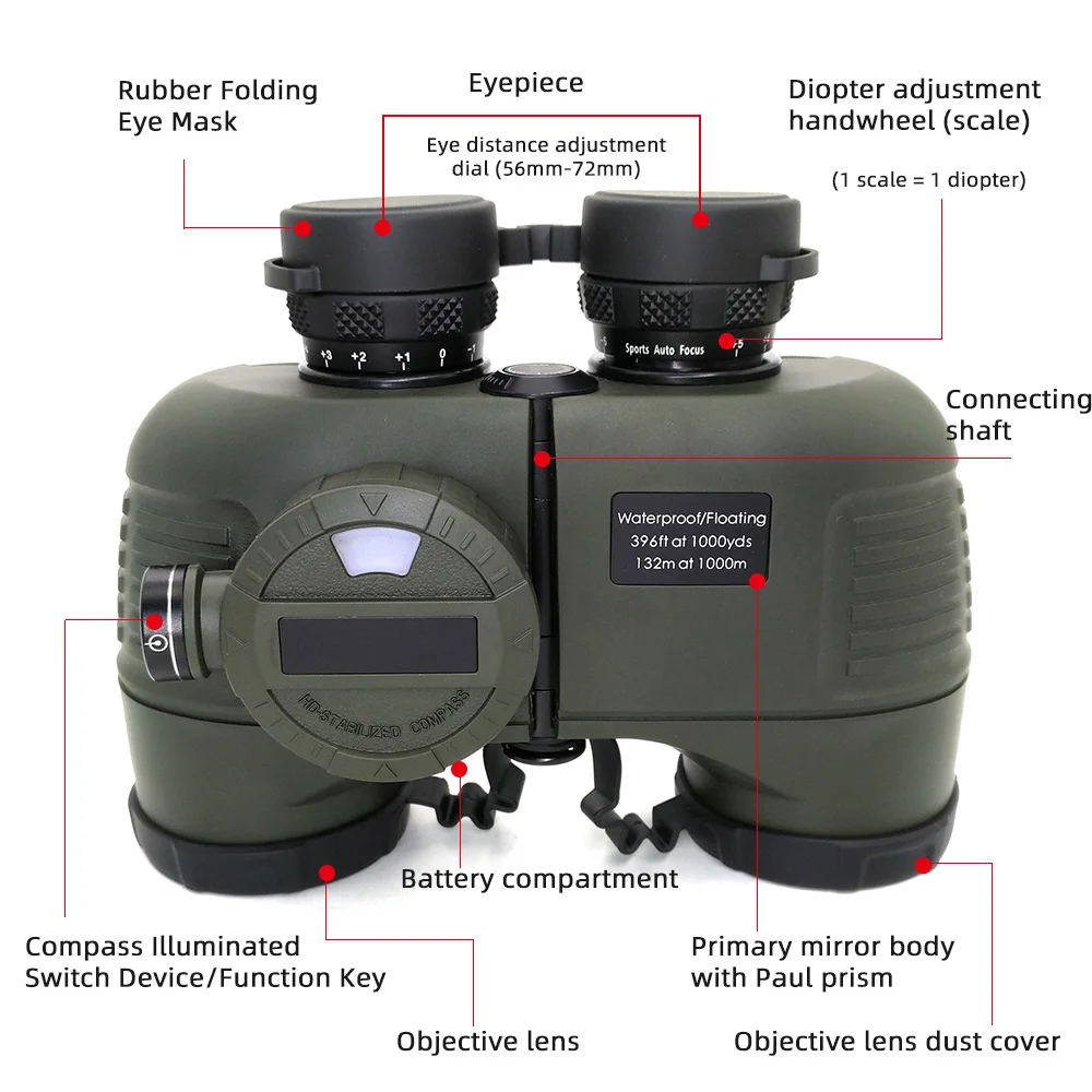 Secozoom 7x50 Compass Telescope IPX7 Waterproof Floating Binoculars