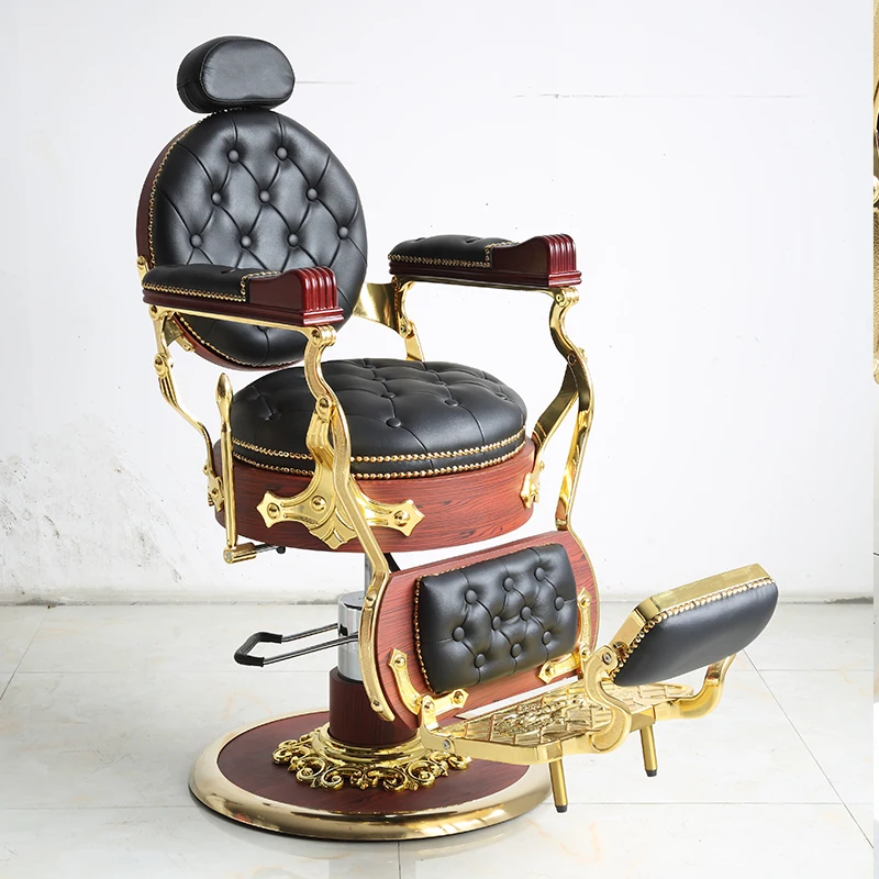 2023 new wood grain stainless steel gold-plated retro barber chair can be reversed PU leather custom color