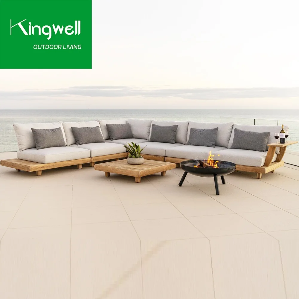 Modern solid wood furniture with cushions sofa set living room garden patio hotel sectional L shape teak outdoor sofa