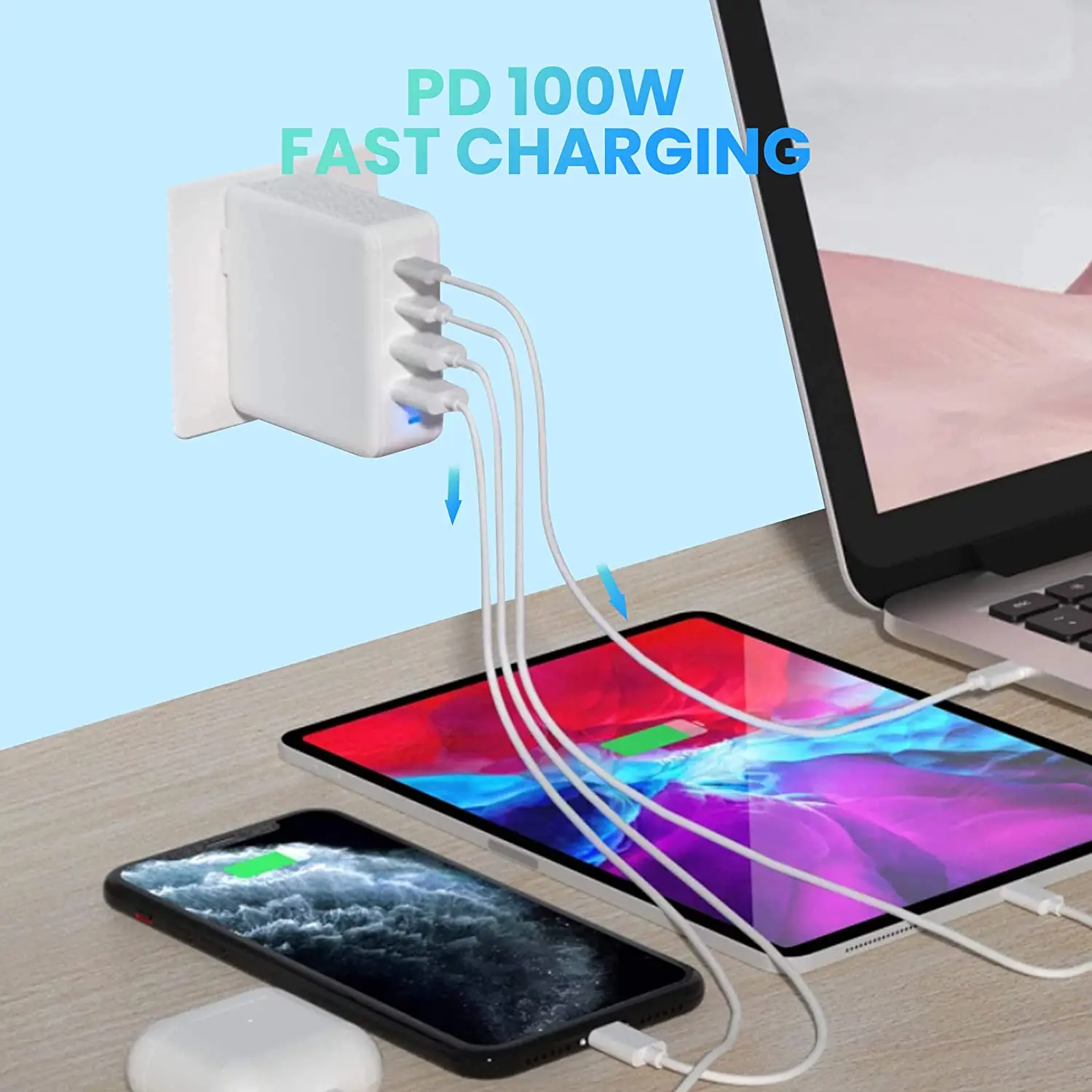 100W USB C Fast Charge 4-Port GaN Laptop Charging Plug, Type C and Type A PD Wall Power Adapter Compatible with MacBook