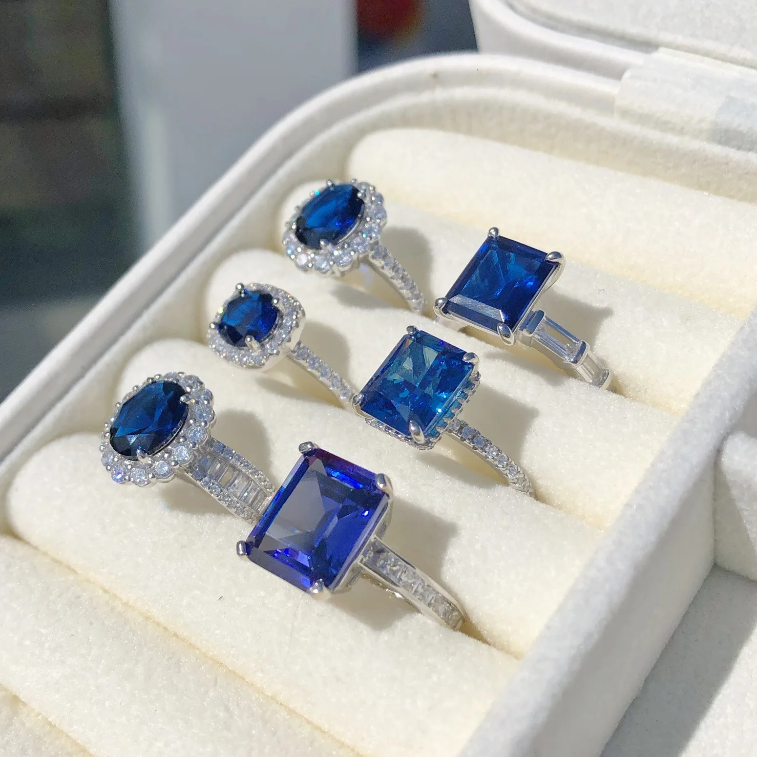 High Quality S925 Sterling Silver Blue Ring Trendy Eternity Band 5A Cubic Zirconia Rings Jewelry Women Engagement Wedding Ring