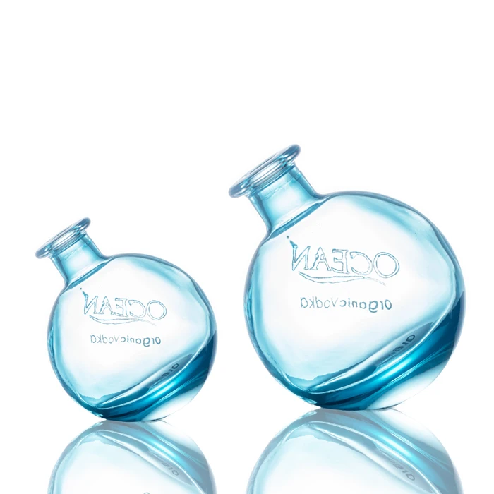 Ocean blue color round shape vodka glass bottle 750ml