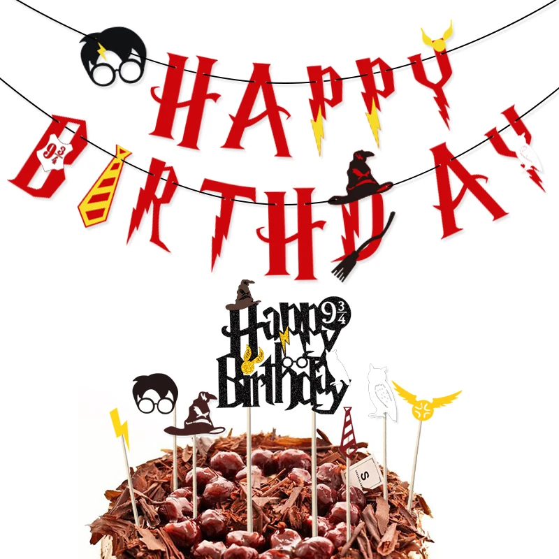 
2021 factory wholesale felt harry potter theme happy birthday banner cake topper party supplies decorations set 