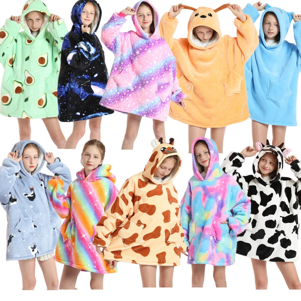 pijamas woman OEM ODM Wholesale Oversized Sweatshirt Comfy Sherpa Hoodie Blanket Cartoon Womens Kids Winter Pajamas