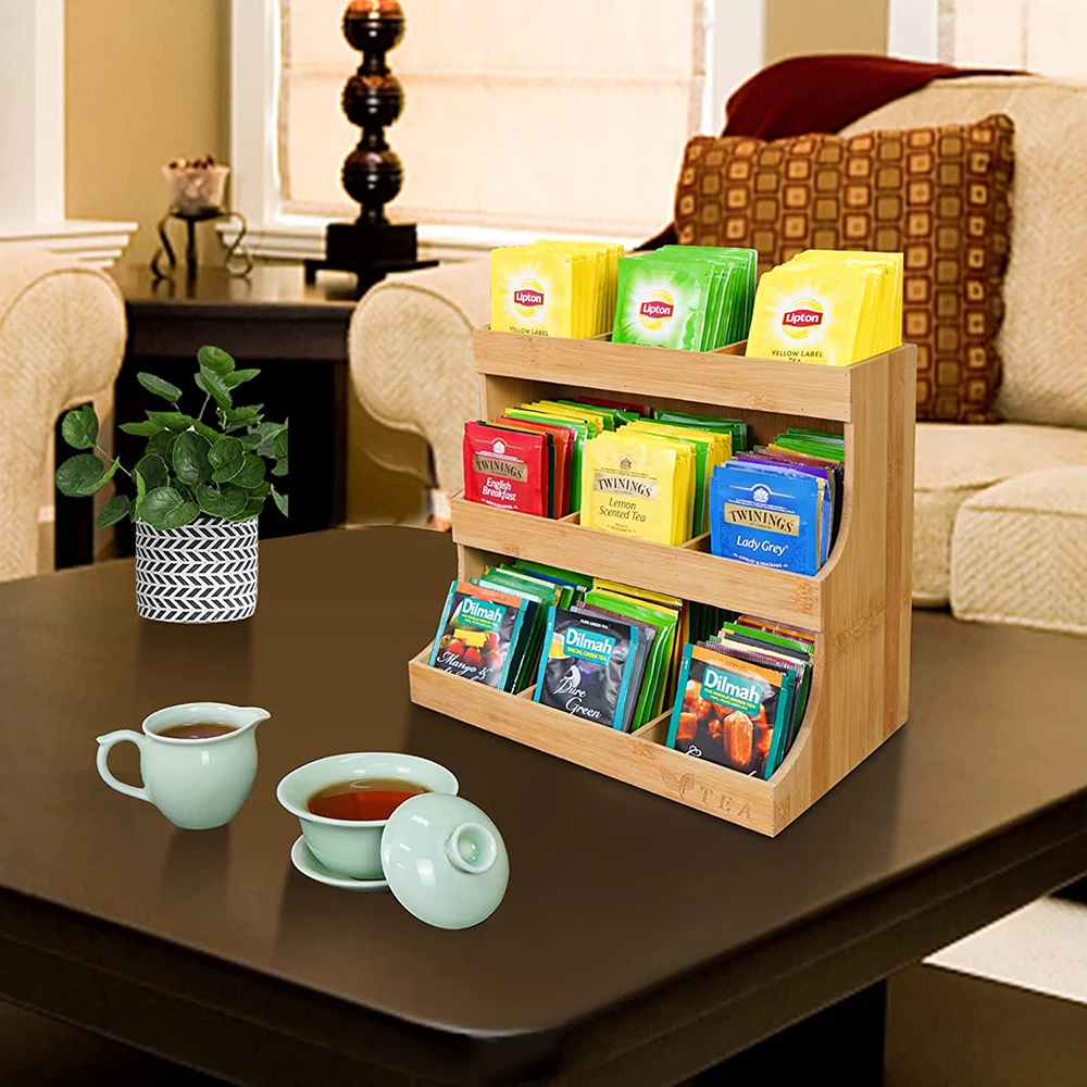 Kitchen Bamboo 3 Layer Tea Bag Organizer Storage Holder
