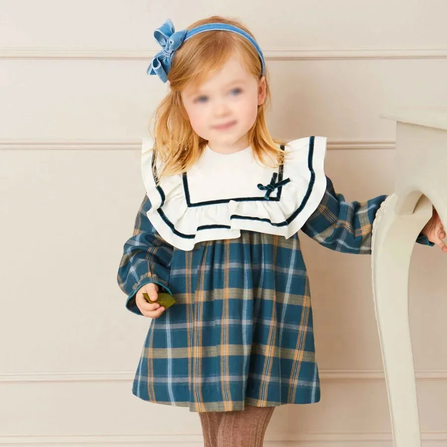 Wholesale Summer Vintage Spanish Baby Girl Dresses Children Long Sleeve Clothes Plaid 100% Cotton Boutique Frocks Kids Dress