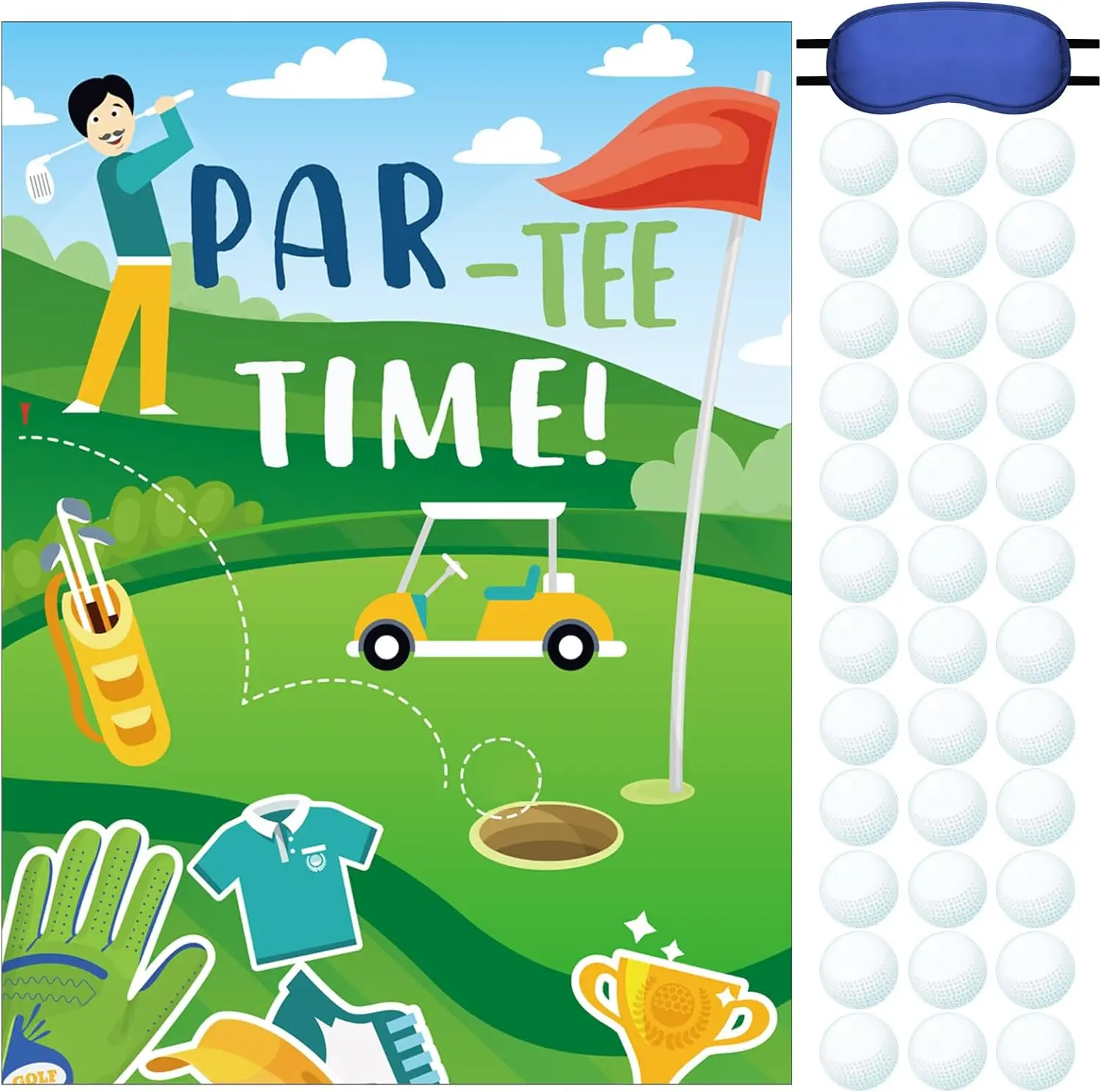 Golf Party Games Par Tee Time Pin the Golf Ball on the Hole Game Poster Stickers with Blindfolds Golf Game Party Decoration