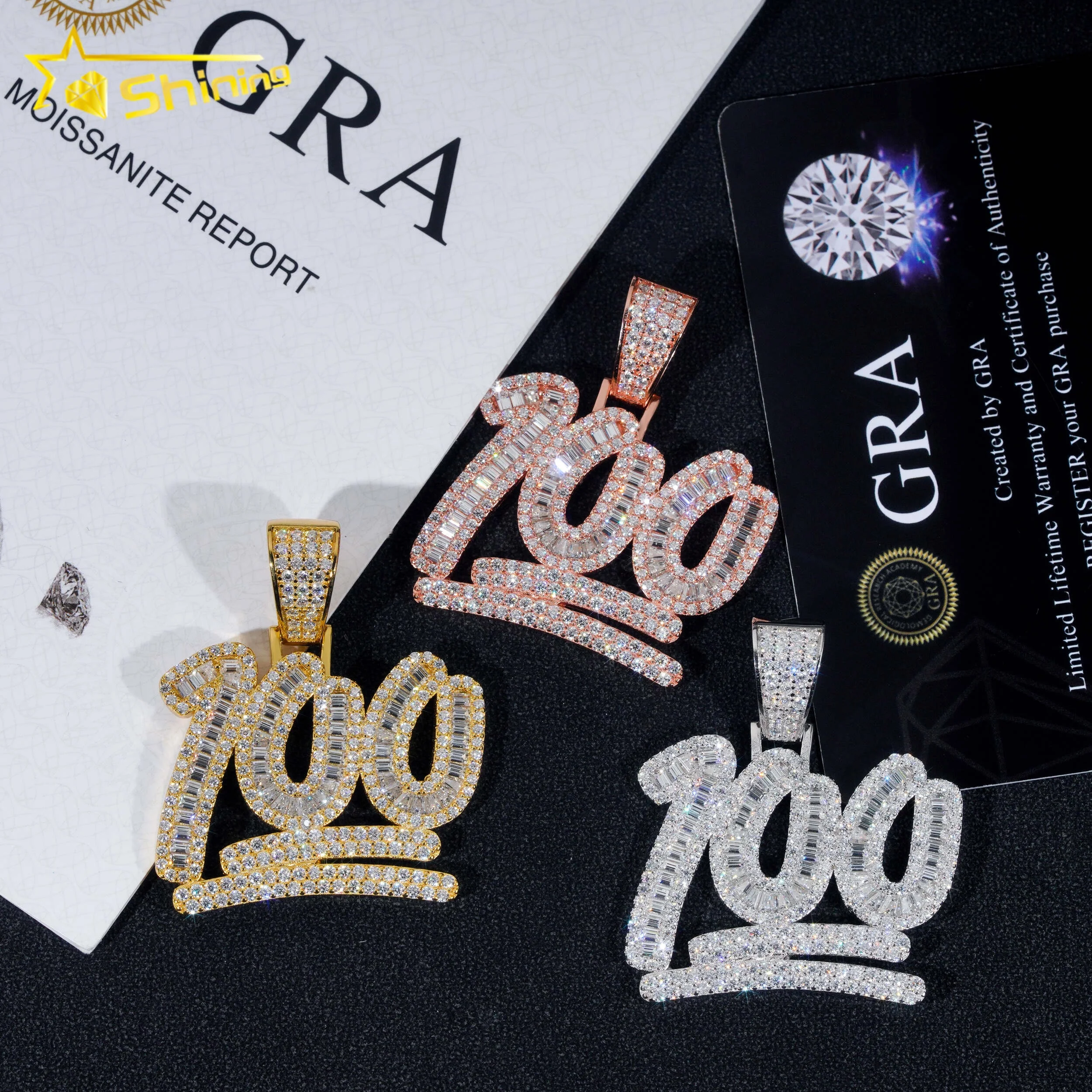 Pass Diamond Tester 925 Sterling Silver Gold Plated Diamond Number 100 Custom Made Iced Out Moissanite Pendant Hip Hop Jewelry