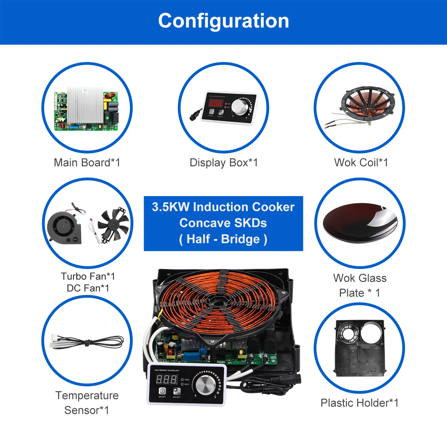 Commercial Electric Wok Concave Copper Coil 3500w Induction Cooktop 7 Pin Pcb Main Circuit Board Mug Knob Cooker Accessories