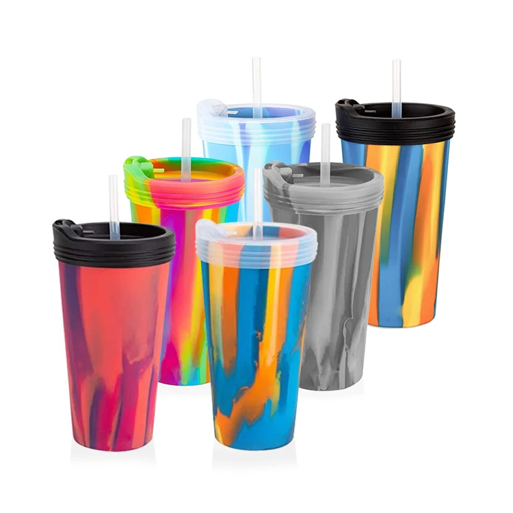 OEM&ODM Tie Dye Design Portable Leakproof Unbreakable Custom Food Grade Silicone Sippy Cup With Straw